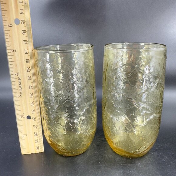 Anchor Hocking Sherwood Amber Glass Leaf Textured Glasses Vintage Glassware Set2 - Picture 3 of 12